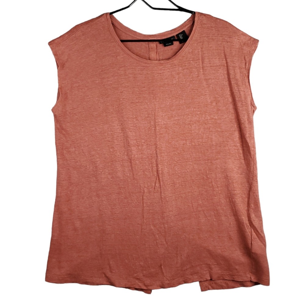 Tahari Linen Knit Top Womens L Coral  Button Back Scoop Neck Cap Sleeve